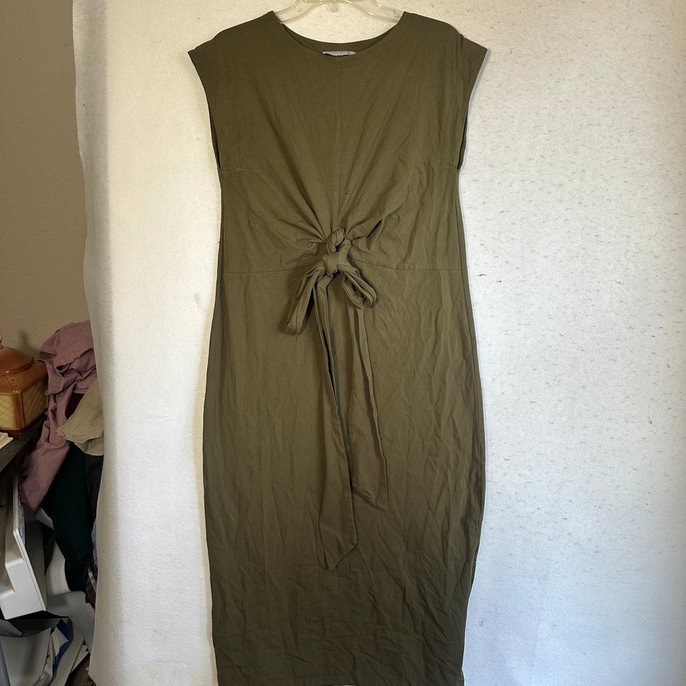 Modern Citizen Olive Green Front Tie Knot Midi Dress Medium Cap Sleeve Cotton